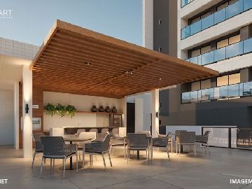Deck gourmet na piscinas no mezanino