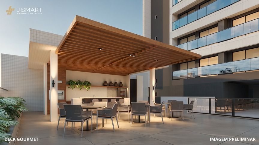 Deck gourmet na piscinas no mezanino